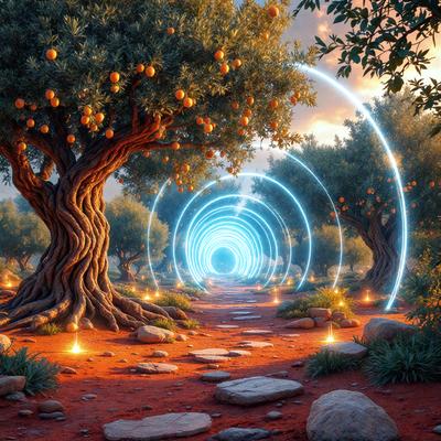 The primary subject of the image is a tree with a tunnel of light leading through it. The tree is surrounded by a forest of trees, creating a serene and magical atmosphere. The setting is a dirt road with a rocky path, and the visual style is a digital art or illustration. The colors and mood of the image are predominantly warm and inviting, with the light tunnel adding a sense of wonder and enchantment.